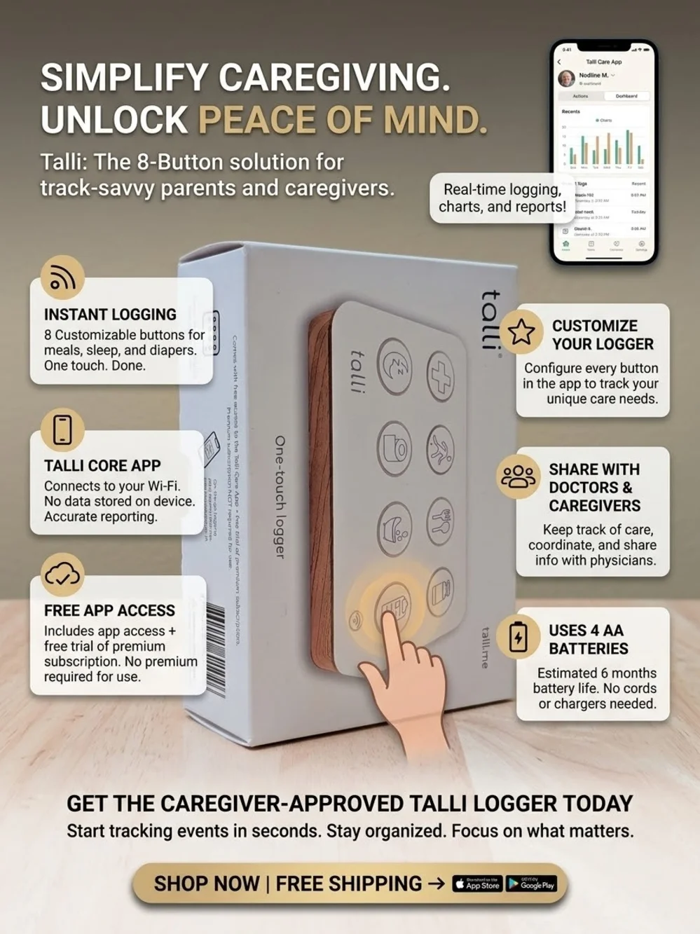 Talli One-Touch Caregiver & Health Tracker Baby / Elderly Logger w/ App - New